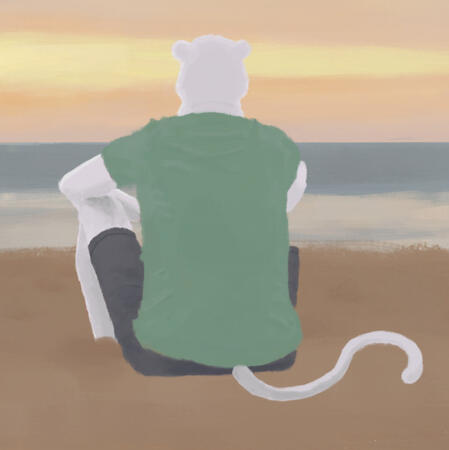 The viewer looks at a beach, the colors washed just after the sunset. In the right, we can see the back of a white anthro puma sitting down on the sand, looking into the sea, wearing a pale green shirt and gray shorts.