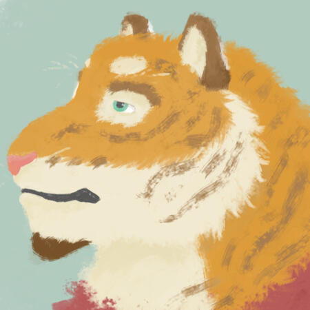 A painting of an orange and cream tiger looking to the left from a profile view. He is wearing a red t-shirt, he's got a brownish short goatee, and his light green eyes show a lack of emotion. Behind hind, a greyish green circle is painted on a white backg