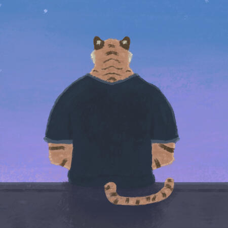 We see the backside of an anthro orange tiger wearing a dark blue t-shirt. He's sitting on a black reflective surface, looking at a sunset sky. Purple and pink clouds transitions upwards into a navy blue night sky. Some stars are dotting the horizon.