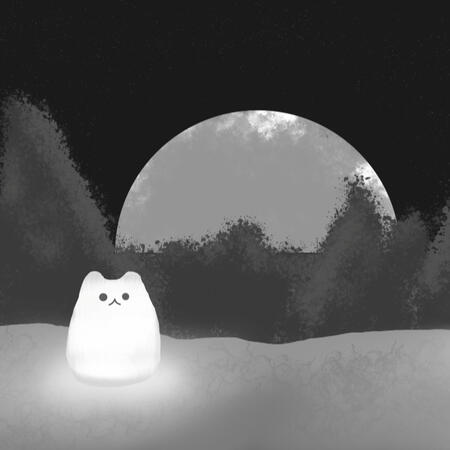 In a black-and-white painting, a cat-shaped lamp brightens the surroundings of a cliff. In the background, a vast pine tree stretches on the horizon, beneath a giant full moon on a starless night sky.