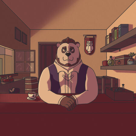 A frontview of an alchemy shop, with warm light coming from a window to the left. Books, potions, plants and boxes decorate the room. In the forefront, an anthro panda man wearing a white button-up and a blue jacket looks at the viewer, with a tea of cup a