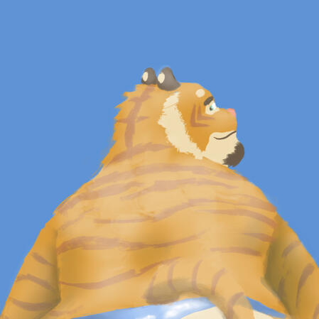 An orange anthro tiger looks back at the viewer. He is not wearing a shirt, and the picture is cropped before we can see more of his shiny blue thong.