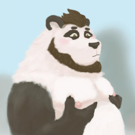 In front of a blurry background, an anthro panda blushes while groping his own chest