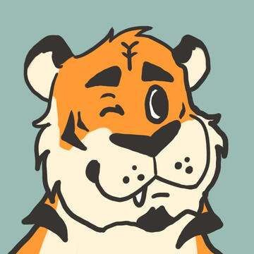 A cartoonish anthro tiger smiles. His right eye is closed, and his left eye looks to the left. An upper fang pokes out from his grin.